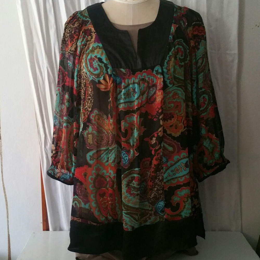Paisley print sheer three-quarter sleeve shirt, 4x